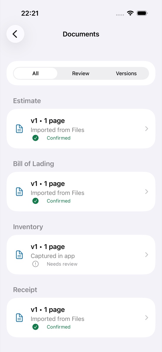 Relocord Documents screen grouping an estimate, bill of lading, inventory, and receipt with review status