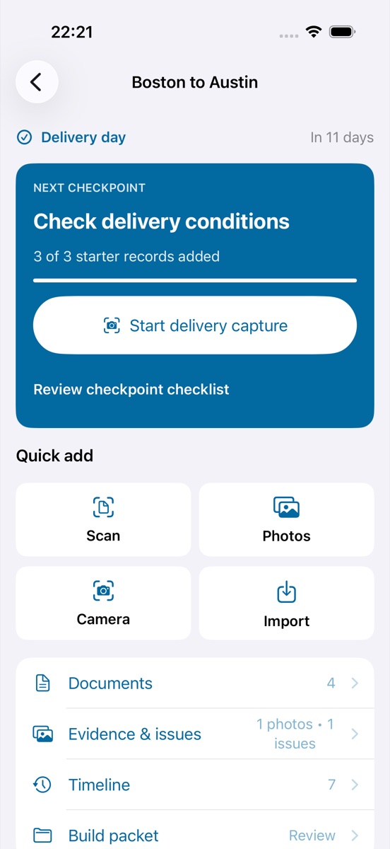 Relocord move hub for a Boston to Austin move showing the delivery checkpoint, quick capture tools, document count, issues, timeline, and packet status