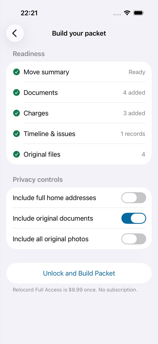 Relocord Build your packet screen showing readiness checks and privacy controls for documents and photos