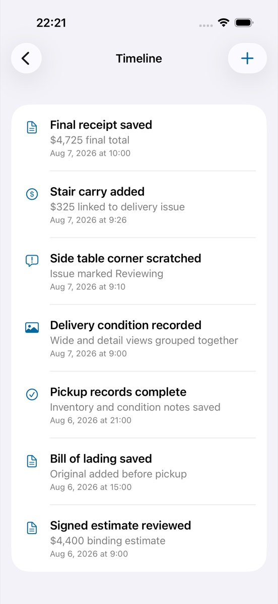 Relocord Timeline screen showing a final receipt, extra charge, damage issue, delivery condition, pickup record, and signed documents in date order