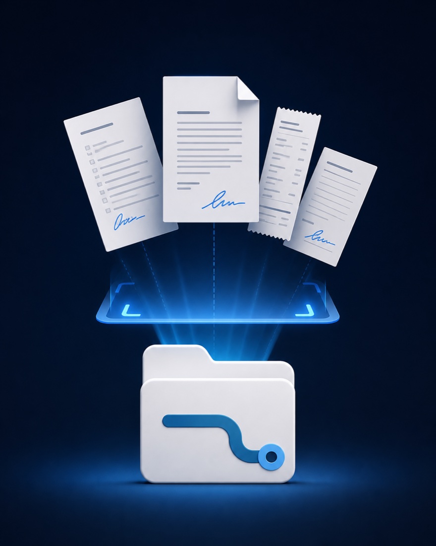 Illustration of estimates, contracts and receipts being organized into one moving record